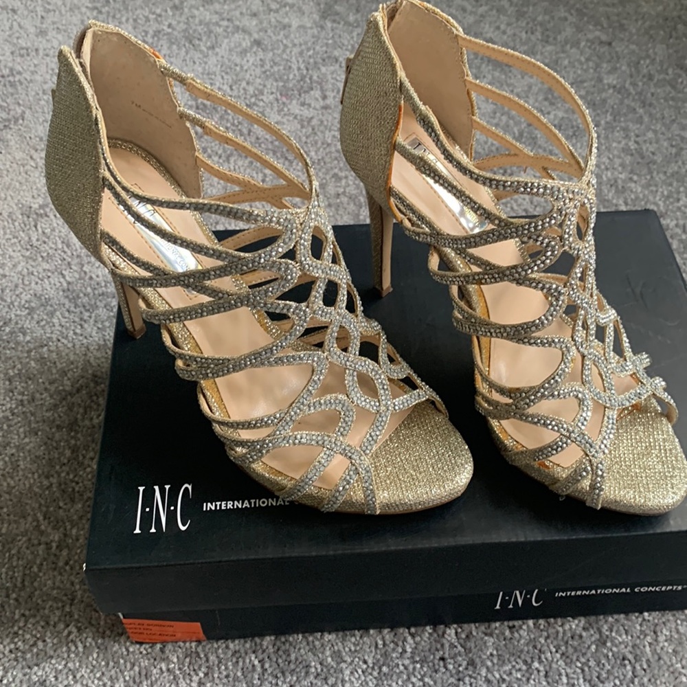 Inc gold glitter high sandals with cutouts